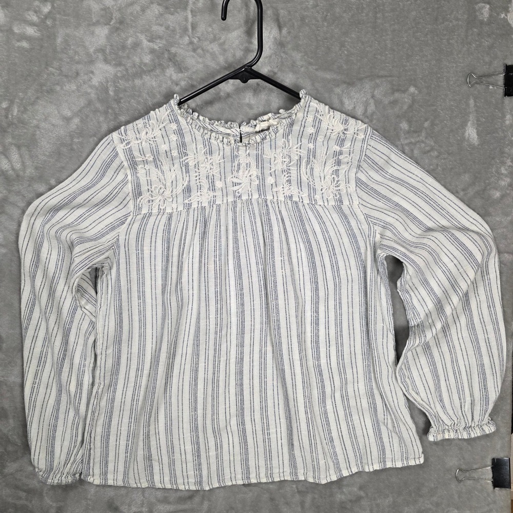 World Market Embroidered Blouse Womens‎ L/XL Blue White Cottagecore Boho Top